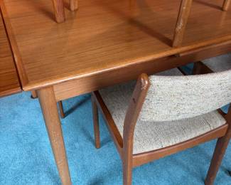 D-Scan Danish Teak Mid Century Dining Table with 6 Tweed Upholstered Seat Dining Chairs