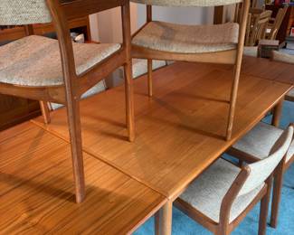 D-Scan Danish Teak Mid Century Dining Table with 6 Tweed Upholstered Seat Dining Chairs