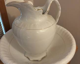 White Porcelain Water Basin Pitcher & Bowl with Gold Trim