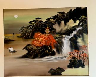 Matted Waterfall Japanese Silk Painting