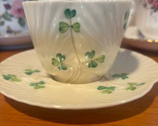 Belleek Harp Shamrock Teacup & Saucer