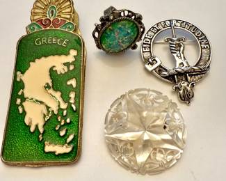 Greek Cloisonné Enamel Brass Paper Click, Scotland Clan Crest Badge, Mother of Pearl Star of Bethlehem Brooch
