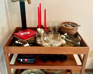 1960's Danish Modern Teak Bar Cart with Reversible and Removable Tray, Rogar Estate Table Top Corkscrew Wine Opener, Chrome/Glass Lazy Susan Divided Serving Set