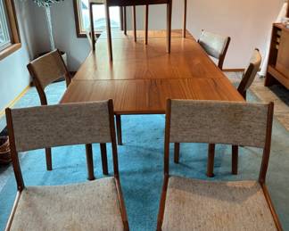 D-Scan Danish Teak Mid Century Dining Table with 6 Tweed Upholstered Seat Dining Chairs