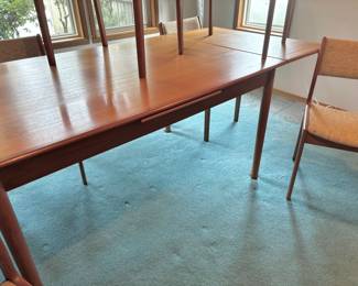 D-Scan Danish Teak Mid Century Dining Table with 6 Tweed Upholstered Seat Dining Chairs