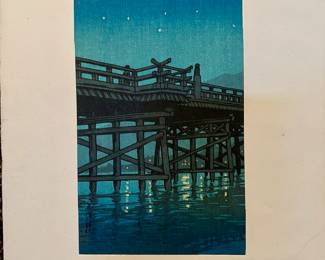 1930's Japanese Woodblock Print "Uji Bridge" by Kawase Hasui