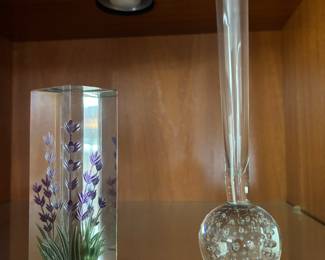 Etched/Painted Crystal Vase with Floral Design, Glass Bubble Bud Vase