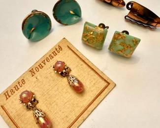 Haute Nouveaute Pink Dangle Earrings, Green/Gold Foil Earrings, Rebajes Tribal Mask Copper Earrings