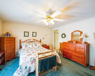 Dresser, queen bed,and bedside table, wood blanket holder