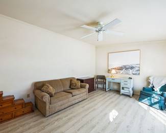 Sofa bed, Standing desk- mint green, 2 drawer file cabinet, chairs, beach picture- large