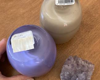 Glassybaby "Sweet Pea Iris" Purple Hand Blown Glass Votive Holder, Glassybaby "Purr" Tan Hand Blown Glass Votive Holder