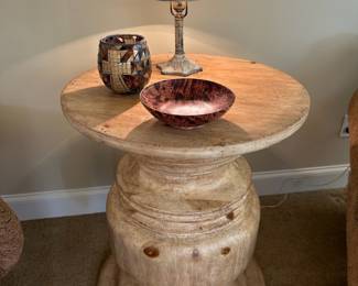 White Wash Mango Wood Column Side Table, Slag Glass Parlor Lamp