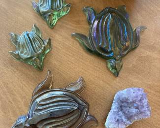 Iridescent Art Glass Turtle Figurines, Amethyst Crystal Geode