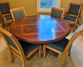 Round Expanding Walnut Dining Table, Set of 6 Blue Upholstered Dining Chairs
