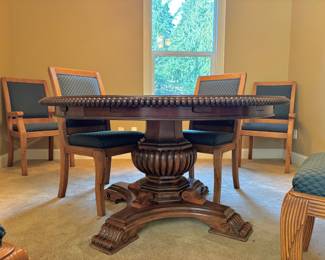 Round Expanding Walnut Dining Table, Set of 6 Blue Upholstered Dining Chairs