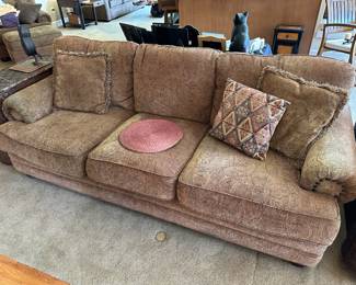 Brown Paisley Upholstered Couch with Matching Oversized Arm Chair & Ottoman
