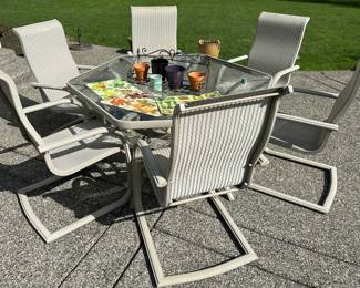 Outdoor Patio Table with Glass Top - Set of 6 Tan Cantilever Patio Chairs
