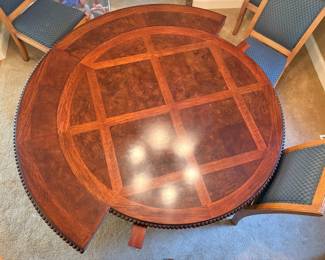 Round Expanding Walnut Dining Table, Set of 6 Blue Upholstered Dining Chairs