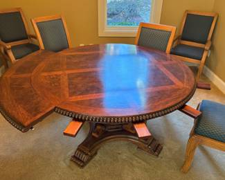 Round Expanding Walnut Dining Table, Set of 6 Blue Upholstered Dining Chairs