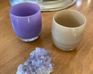 Glassybaby "Sweet Pea Iris" Purple Hand Blown Glass Votive Holder, Glassybaby "Purr" Tan Hand Blown Glass Votive Holder