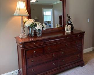 Mahogany  Bordeaux Louis Philippe Wide Dresser & Mirror with Matching Night Stands 

