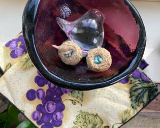 Purple Heavy Glass Bowl, Clear Glass Bird Figurine/Paper Weight