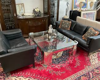 Danish Black Leather Sofa and Loveseat, Circa 1960’s.