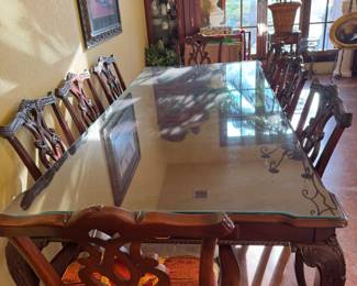 Stanley dining table. 8 foot. Seats 8. Upholstered chairs. Custom glass top. $850