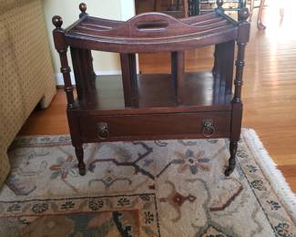 1940s Canterbury magazine stand from Columbia Manufacturing Co. for holding sheet music or serveware, magazines or large books. #260, Mahogany with lion's head drawer pulls. $200