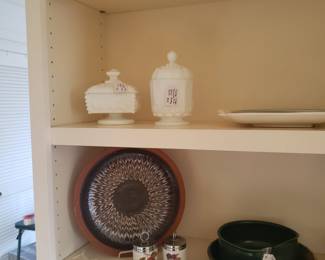 vintage milk glass candy dishes, vintage egg coddlers, more pottery