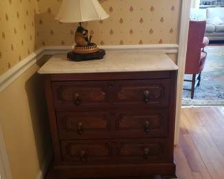 Antique Mahogany dresser with marble top and antique drawer pulls; $350