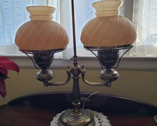 Mid-century brass double student lamp with ribbed milk glass shades; $150