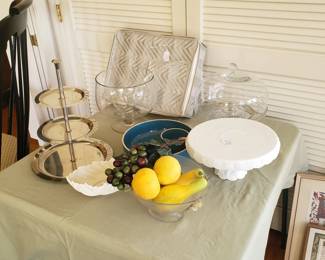 Milk glass cake stand, chip & dip pottery bowl, punch bowl, glass cake stand and more