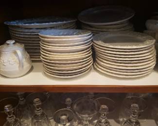 Wedgewood Queensware Embossed China - dinner plates, salad plates, coffee creamer, tea cups and saucers. Check description for update on price