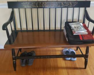 L. Hitchcock Black and Maple Stenciled Harvest Bench; $250
