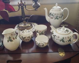 Wedgewood Strawberry Hill England (discontinued). All in excellent condition. Coffeepot with lid ($50), Teapot with lid ($75); creamer ($30), sugar bowl with lid ($30), open sugar bowl ($9), small creamer ($12), 12 dinner plates ($120), 12 dessert plates ($110), 12 cups and saucers ($100). 