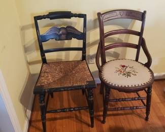 Antique Hitchcock dining room chair on left (2 available each for $120);  Antique wooden chair with needlepoint seat (2 available each for $120)