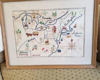 Framed Needlepoint Folk Art. Colonial America; $120