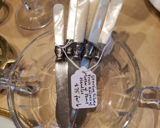 Antique sterling silver fruit knives with mother of pearl handles. $75 for 6. We have 2 sets of 6.
