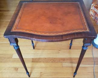 wooden side table with decorated top; $30