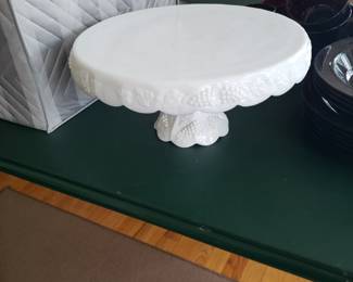 Vintage cake stands and various other baking items; prices will be posted at sale. Above stand is vintage milk glass stand in excellent condition ($40)