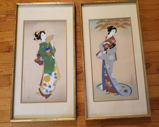 2 vintage Japanese silk paintings in frames. Signed. $200 (for both)