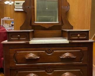 Antique Dresser/Mirror w Marble Inlay (hand-carved drawer pulls)