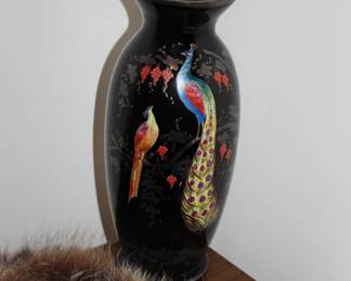 Hand painted peacock art glass vase