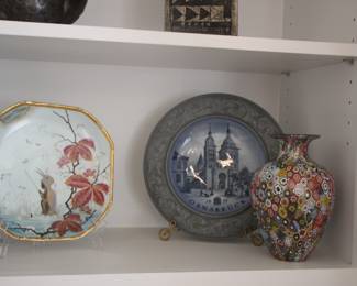 Hand painted Limoges plate, millefiori glass vase