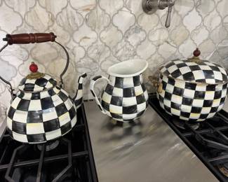 #47A -$120  Mackenzie Child Kettle - 3 qt 13"x12" - #47B - $150 Mackenzie Child Covered 3qt Pot 13"x10" - #47C - $68 Mackenzie Child water pitcher