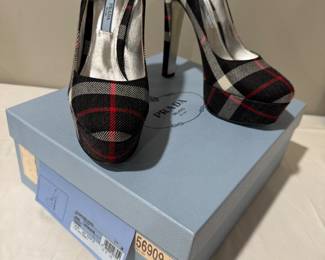 #102 Prada Block Heel Tartan sz 38-7.5 with box  $150