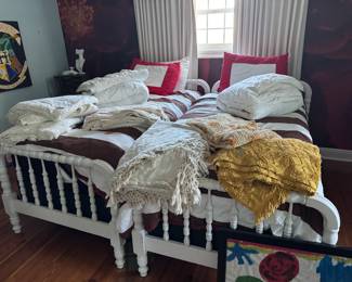 #75 - $600 - Hard to find pair of antique painted twin beds with new mattresses 