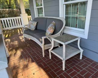 #122- Wicker Sofa, Loveseat & Ottoman, 2 side tables, coffee table 6 pieces, sold as set $1000