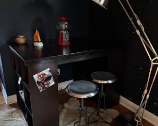 #48 - $250 - 38"x56"x37" Black High-top Desk with 6 storage cubes on each side. 